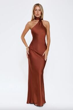 Hello Molly | Cinnamon Glaze Halter Satin Maxi Dress Brown XS / US 2